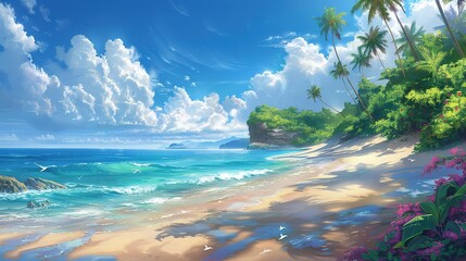 A captivating seaside ocean natural scenery. The ocean stretches as far as the eye can see, its waves rolling in with a soothing rhythm. The sky above is a beautiful blend of blues and whites. The san