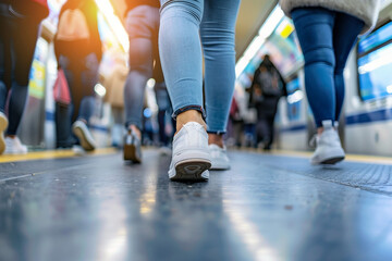Futuristic modern public transport station with crowd of people, Generative AI image
