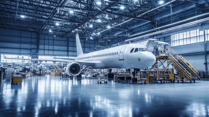 Airplane in hangar with open cargo door,  reflections on the floor.