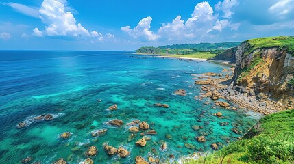 A captivating seaside ocean natural scenery. The ocean stretches as far as the eye can see, its waves rolling in with a soothing rhythm. The sky above is a beautiful blend of blues and whites. The san