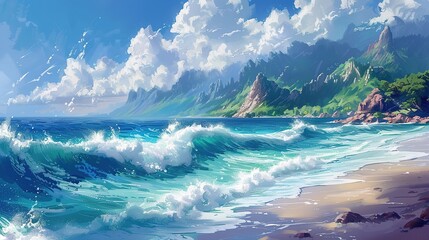 A captivating seaside ocean natural scenery. The ocean stretches as far as the eye can see, its waves rolling in with a soothing rhythm. The sky above is a beautiful blend of blues and whites. The san