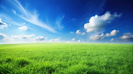 Fototapeta premium Landscape view of green grass under clear blue sky, meadow, nature, panorama, scenery, environment, outdoor, tranquil, field