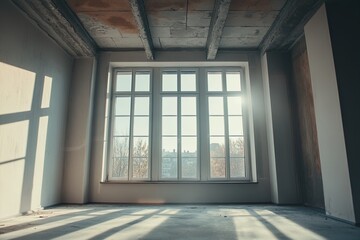 Fototapeta premium Natural Light Pouring Through Large Windows in a Minimalist Room With Unfinished Walls and Floor at Daylight