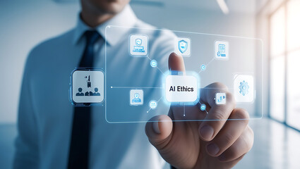 Businessman touching virtual AI ethics icon.AI ethics,
Artificial intelligence law, AI ethics, or AI law concept.
