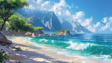 A captivating seaside ocean natural scenery. The ocean stretches as far as the eye can see, its waves rolling in with a soothing rhythm. The sky above is a beautiful blend of blues and whites. The san