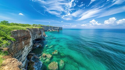 A captivating seaside ocean natural scenery. The ocean stretches as far as the eye can see, its waves rolling in with a soothing rhythm. The sky above is a beautiful blend of blues and whites. The san