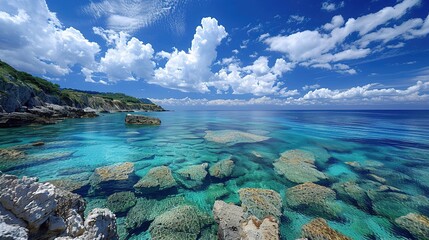 A captivating seaside ocean natural scenery. The ocean stretches as far as the eye can see, its waves rolling in with a soothing rhythm. The sky above is a beautiful blend of blues and whites. The san