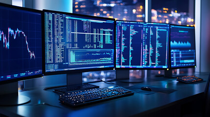 Naklejka premium Charming background with multiple computer screens showing financial data and investment analysis