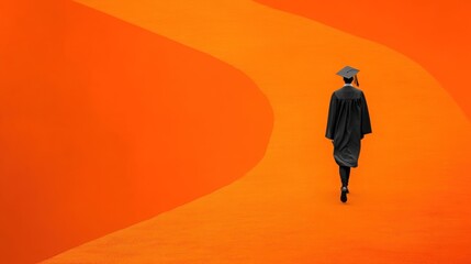 Graduate in a black cap and gown walking on an orange background.