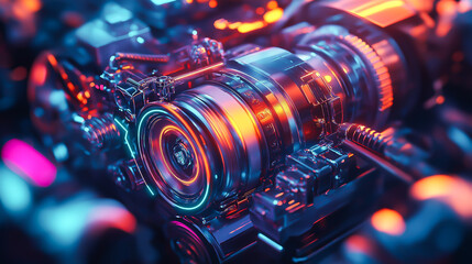 Fototapeta premium 3D illustration, Futuristic engine powertrain in neon glow