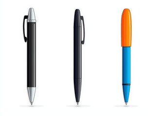 Symmetrical Trio of Sleek Writing Pens on Minimalist White Background - Professional Office Supplies for Creativity and Precision