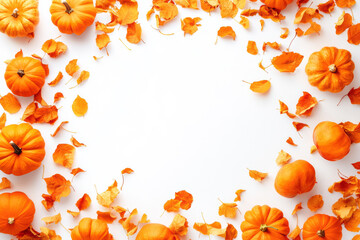 Orange dry leaves and pumpkins on white background for Halloween