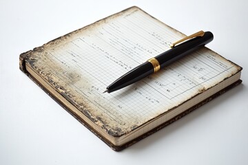 Vintage Leather Notebook with Worn Grid Pages and Black Gold Pen on White Surface - Intimate Still Life for Writers and Creatives