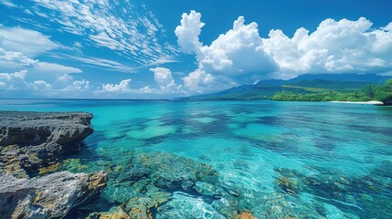 A captivating seaside ocean natural scenery. The ocean stretches as far as the eye can see, its waves rolling in with a soothing rhythm. The sky above is a beautiful blend of blues and whites. The san