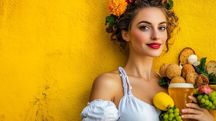A stunning waitress in traditional Oktoberfest attire stands against a vibrant yellow backdrop, carrying a refreshing beer and an assortment of delectable snacks.