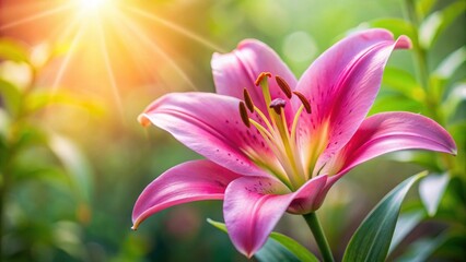 Fototapeta premium Closeup of a beautiful pink lily flower, Pink, Lily, Flower, Closeup,Flora, Botanical, Garden, Petals, Bloom, Nature, Vibrant