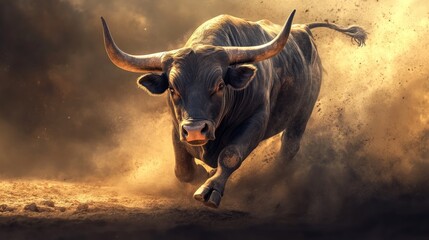 A black bull charges forward kicking up dust in a dramatic, action-packed pose.