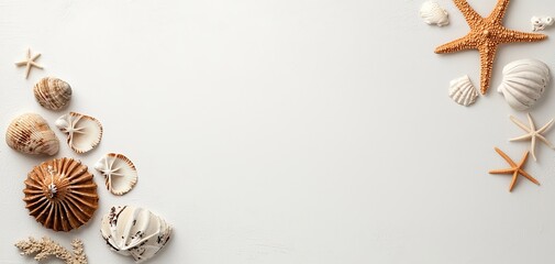 Obraz premium Seashells and Starfishes Frame Tranquil Beach Collection in White, Minimalist Coastal Decor for Summer Vibes