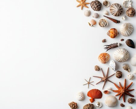 Seashell Serenity Coastal Treasures Closeup in Minimalist Composition Against White Background - Tranquil Oceanic Decor for Beach Vibes