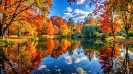 Beautiful autumn scenery in park with colorful leaves, calm pond, and reflection of trees , autumn, park, scenery, beautiful