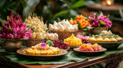 Fototapeta premium A vibrant display of traditional Thai beautifully arranged on banana leaves, featuring colorful desserts and fresh fruits, capturing the essence of a festive celebration.
