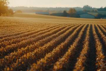 Golden Wheat Field at Sunset Showcasing Rows of Crops in a Serene Rural Landscape