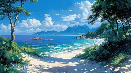 A captivating seaside ocean natural scenery. The ocean stretches as far as the eye can see, its waves rolling in with a soothing rhythm. The sky above is a beautiful blend of blues and whites. The san