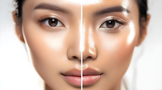 Split face of a woman highlighting skin texture and beauty techniques.