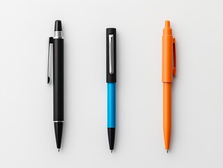 Symmetrical Trio of Pens Elegant Black, Shiny Blue, Matte Orange - Minimalistic Stationery Still Life on White - Sleek Office Supplies Concept