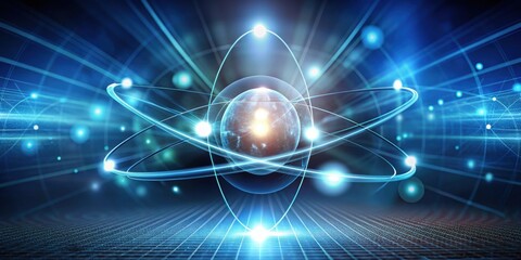 Unstable atom nucleus with electrons spinning around it on technology background, atom, nucleus, electrons, spinning