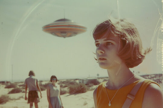 Silhouetted people escaping as ufos at night generative AI