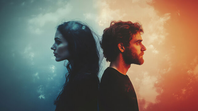 A couple silhouette background looking in different direction , in marriage clash and about to get divorce or to separate