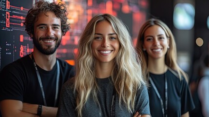 Obraz premium Team positioned against a backdrop with computer-related themes.