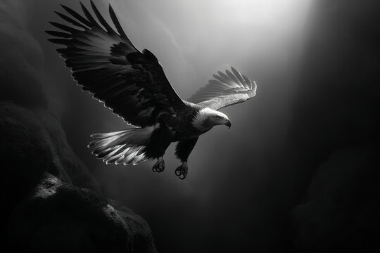 stunning black and white fine art photograph of a golden eagle soaring majestically in flight. Generative AI.