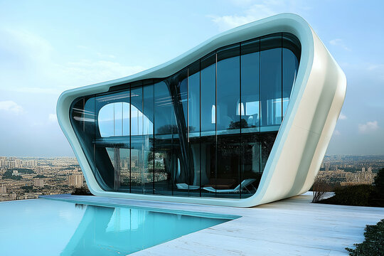 futuristic glass house designed by elite engineers, featuring a luxurious swimming pool in a modern cityscape. Generative AI.