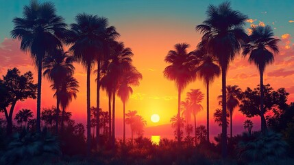 The sky, tinted with an orange gradient, silhouettes tall palm trees.