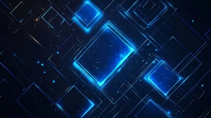 Obraz premium Abstract blue glowing geometric lines on a dark background. Modern shiny blue rounded square lines pattern. Futuristic technology concept. Suit for poster, cover, banner, presentation, website, flyer.