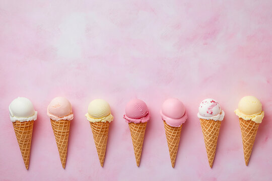 assortment of colorful ice cream cones on a light summer background, Generative AI