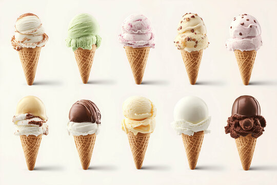 assortment of colorful ice cream cones on a light summer background, Generative AI