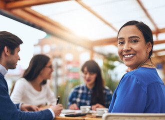 Smile, portrait and business woman in cafe for coffee sales representative, b2b management and team. Caffeine supplier, product specialist and market trends with people in restaurant for project