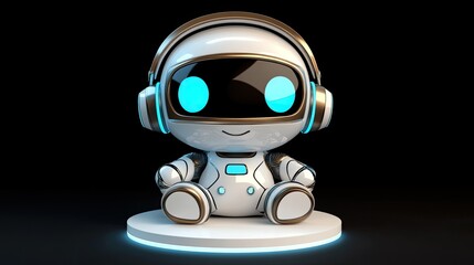 A delightful 3D-rendered robot character sits with a round head and cute blue eyes. It features glowing lights and a matte texture, creating a charming and vibrant appearance