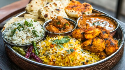 A vibrant platter of assorted Indian dishes including butter chicken, biryani, and naan, beautifully presented with colorful spices and herbs, showcasing the diversity of Indian cuisine.