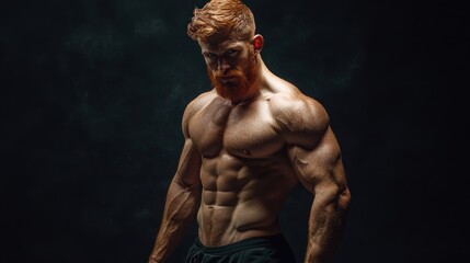 Shirtless muscular man with a red beard and red hair standing against a dark background with smoke.