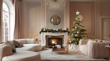 Obraz premium Luxury interior of living room with decorated Christmas tree and fireplace in light pink colors.