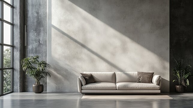 The modern industrial style loft lounge interior decoration, with cool toned white walls, is very suitable as a scene model for digital art display. Concrete elements and open spaces