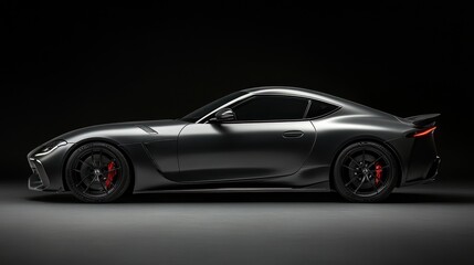 Sleek black sports car with red brake calipers and black rims on a dark background.