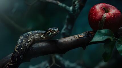 Old Testament. Creation. Genesis. The original sin, the forbidden fruit. Snake on red apple on tree branch in the dark.