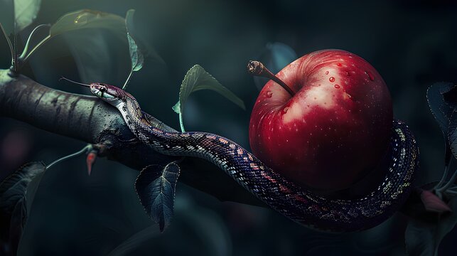 Old Testament. Creation. Genesis. The original sin, the forbidden fruit. Snake on red apple on tree branch in the dark.