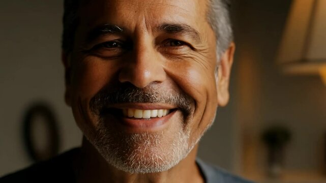 Warm, intimate static video of hispanic man expressing contentment