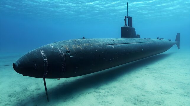 Submarine navigating underwater in clear blue ocean environment.